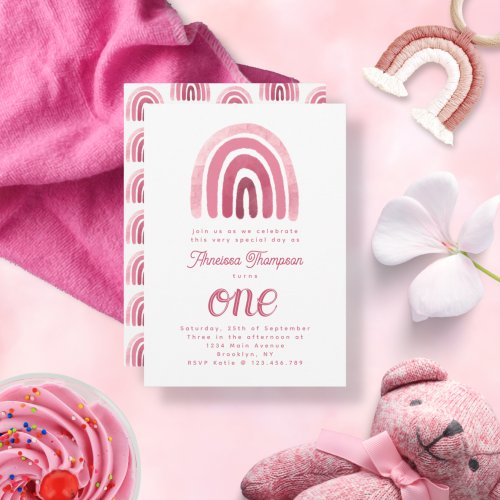 Minimalist Boho Pink Rainbow First Birthday Invitation