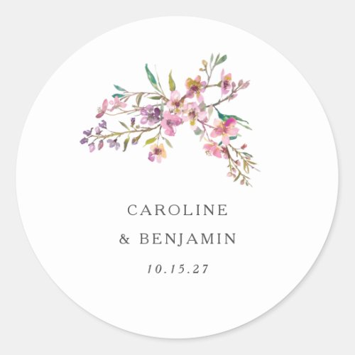 Minimalist Boho Pink Wildflowers Wedding Custom Classic Round Sticker