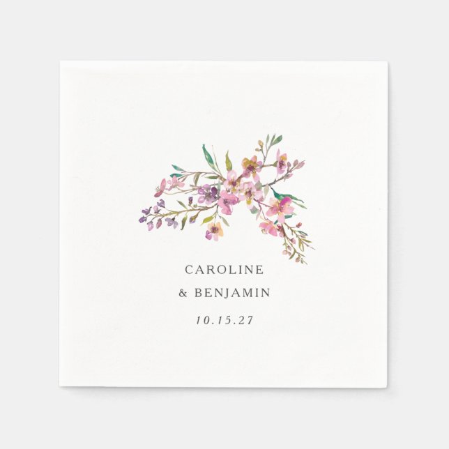 Minimalist Boho Pink Wildflowers Wedding Custom Napkins (Front)