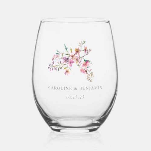 Minimalist Boho Pink Wildflowers Wedding Custom Stemless Wine Glass