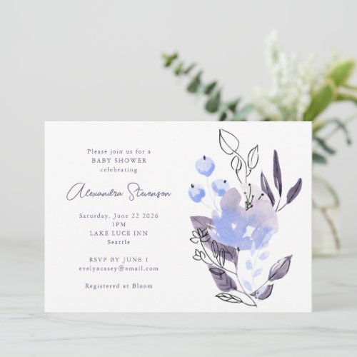 Minimalist Boho Purple Floral Baby Shower Invitation