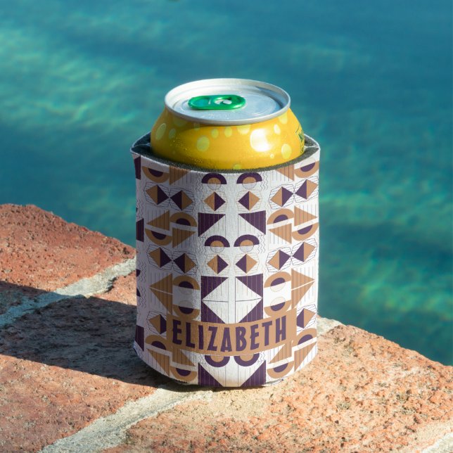 Minimalist Boho Purple & Gold Abstract Custom Name Can Cooler (In Situ Pool)