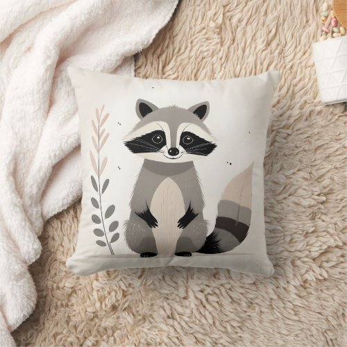 Minimalist Boho Raccoon Forest Nursery Kids Room  Throw Pillow