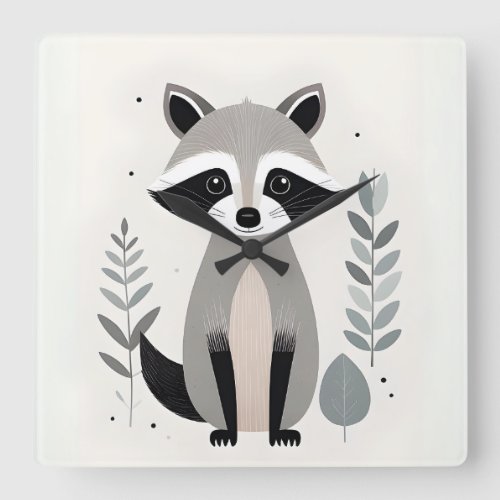 Minimalist Boho Raccoon Woods Nursery Kids Room Square Wall Clock