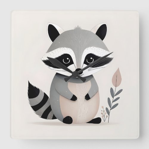 Minimalist Boho Raccoon Woods Nursery Kids Room Square Wall Clock