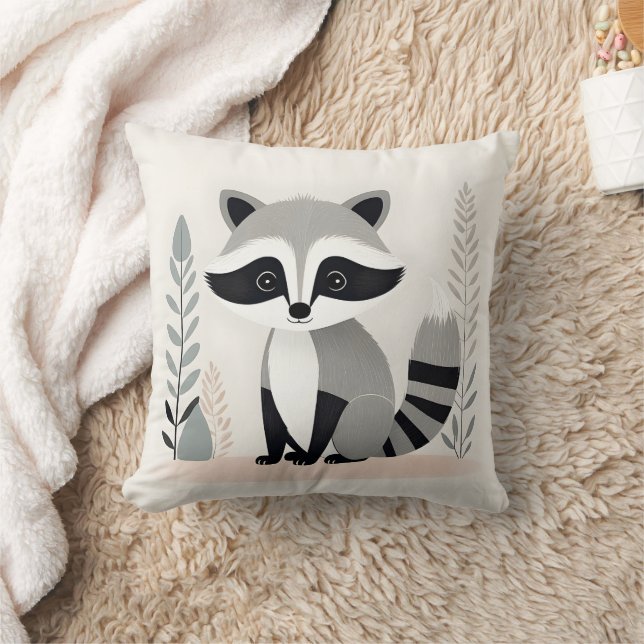Minimalist Boho Raccoon Woods Nursery Kids Room  Throw Pillow (Blanket)