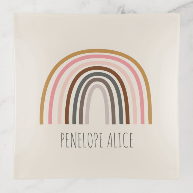 Minimalist Boho Rainbow Drawing Personalized Trinket Tray (Front)