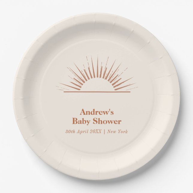 Minimalist Boho Ray Of Sunshine Baby Shower Paper Plates (Front)