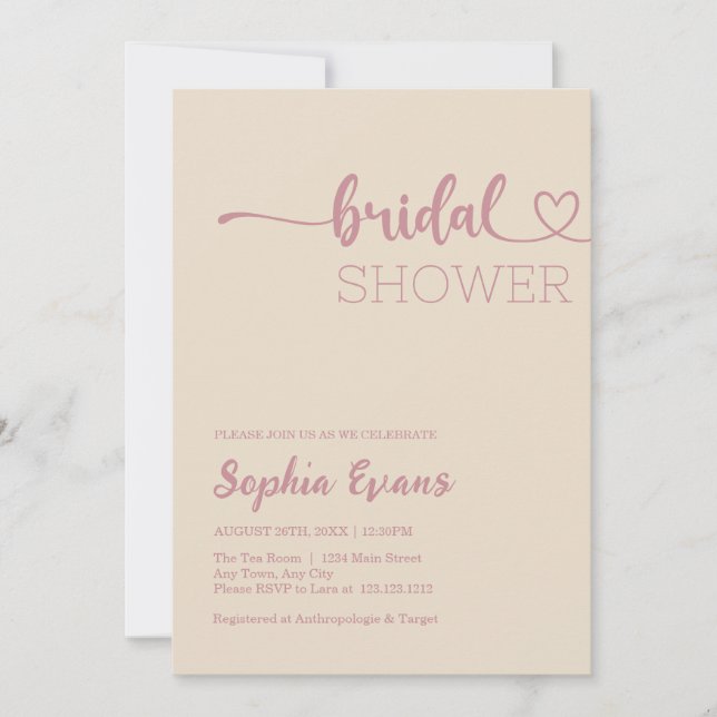 Minimalist Boho Rose Gold and Almond Bridal Shower Invitation (Front)