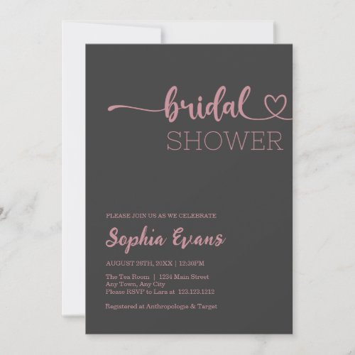 Minimalist Boho Rose Gold Gray Bridal Shower Invitation