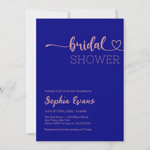 Minimalist Boho Rose Gold Navy Blue Bridal Shower Invitation