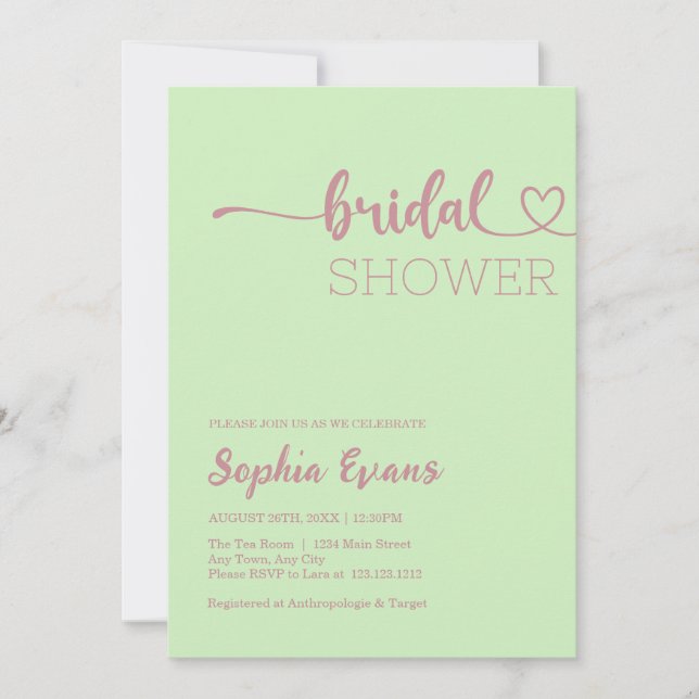 Minimalist Boho Rose Gold Tea Green Bridal Shower Invitation (Front)