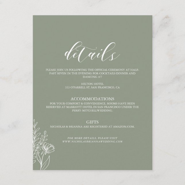 Minimalist Boho Sage Green Elegant Wedding Details Enclosure Card (Front)