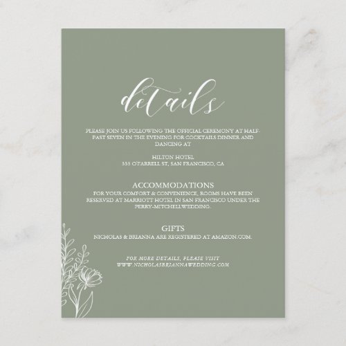 Minimalist Boho Sage Green Elegant Wedding Details Enclosure Card