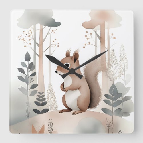 Minimalist Boho Squirrel Forest Nursery Kid Room Square Wall Clock