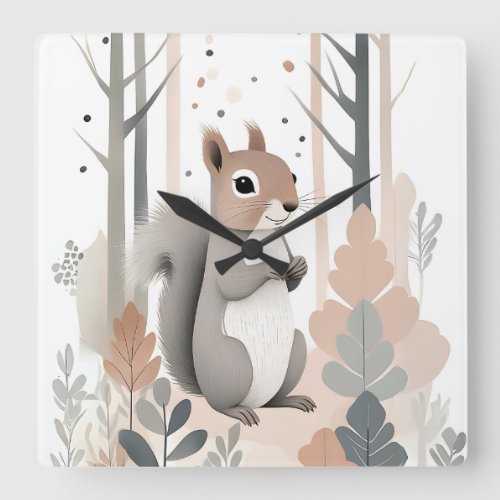 Minimalist Boho Squirrel Forest Nursery Kid Room Square Wall Clock