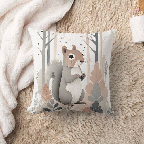 Minimalist Boho Squirrel Forest Nursery Kid Room  Throw Pillow