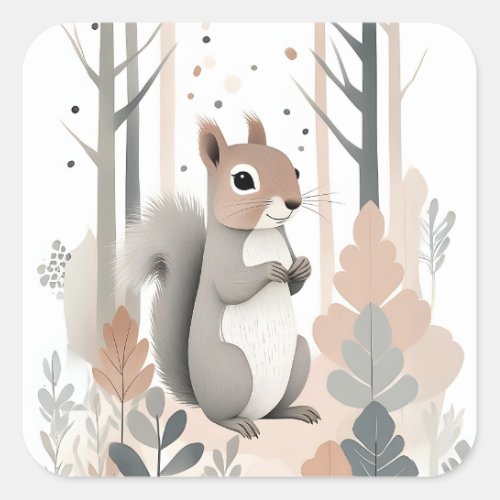 Minimalist Boho Squirrel in Forested Woods  Square Sticker
