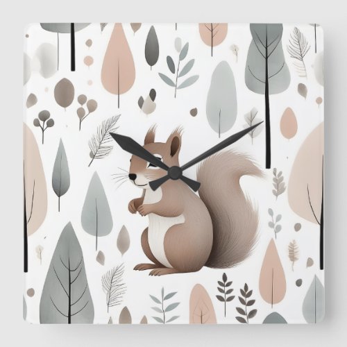 Minimalist Boho Squirrel Woods Nursery Kids Room  Square Wall Clock