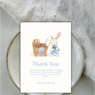 Minimalist Boho Stroller Rabbit Boy Baby Shower Thank You Card
