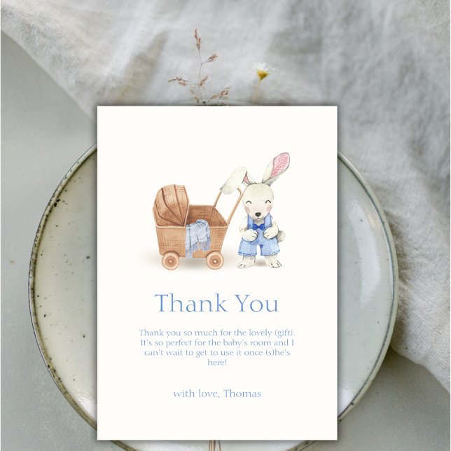 Minimalist Boho Stroller Rabbit Boy Baby Shower Thank You Card (Minimalist Boho Stroller Rabbit Boy Baby Shower Thank You Card)