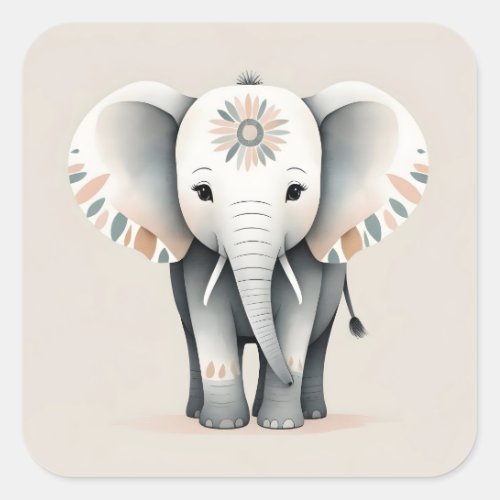 Minimalist Boho Style Decorated Elephant  Square Sticker