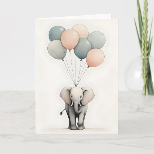 Minimalist Boho Style Elephant with Balloons Blank Card