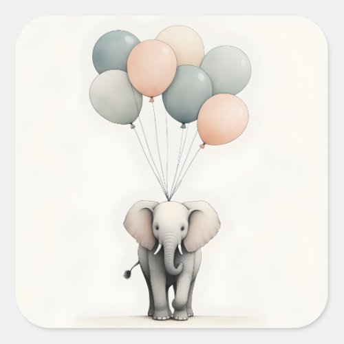 Minimalist Boho Style Elephant with Balloons Square Sticker