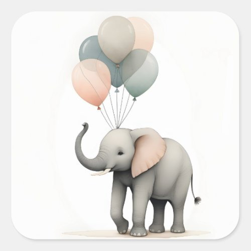 Minimalist Boho Style Elephant with Balloons Square Sticker