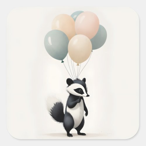 Minimalist Boho Style Skunk with Balloons Square Sticker