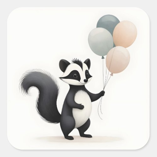 Minimalist Boho Style Skunk with Balloons Square Sticker