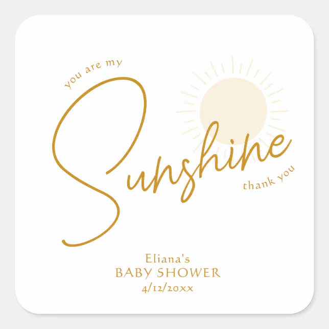 Minimalist Boho Sunshine Baby Shower Thank You Square Sticker | Zazzle