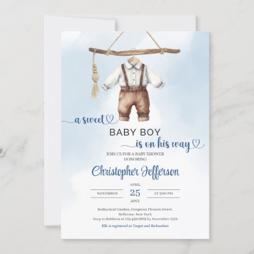 Minimalist Boho Sweet Baby Boy Clothes Baby Shower Invitation