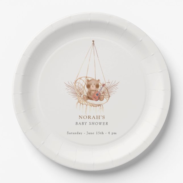 Minimalist Boho Teddy Bear Baby Shower Paper Plates (Front)