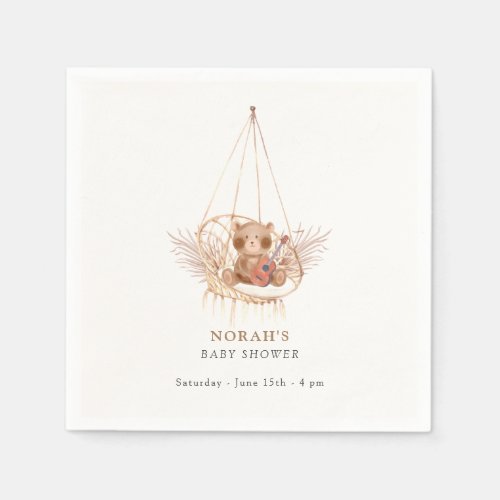 Minimalist Boho Teddy Bear Pampas Baby Shower Napkins