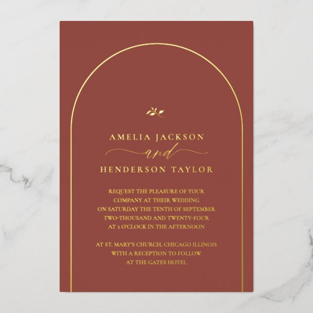 Minimalist Boho Terracotta Arch Wedding Foil Invitation (Front)