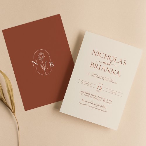 Minimalist Boho Terracotta Burnt Orange Wedding Invitation