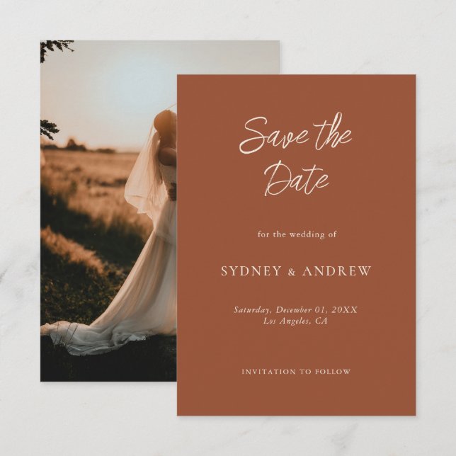 Minimalist Boho Terracotta Fall Wedding Photo Save The Date (Front/Back)