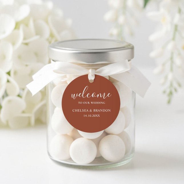 Minimalist Boho Terracotta Orange Welcome Wedding Classic Round Sticker (Creator Uploaded)