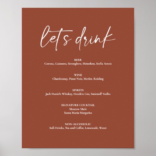 Minimalist Boho Terracotta Wedding Drink Bar Menu Poster