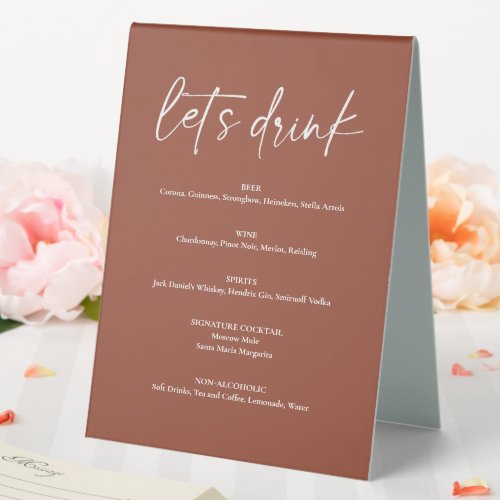 Minimalist Boho Terracotta Wedding Drink Bar Menu Table Tent Sign