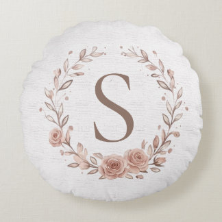 Minimalist Boho Watercolor Leaf Wreath Monogram Round Pillow