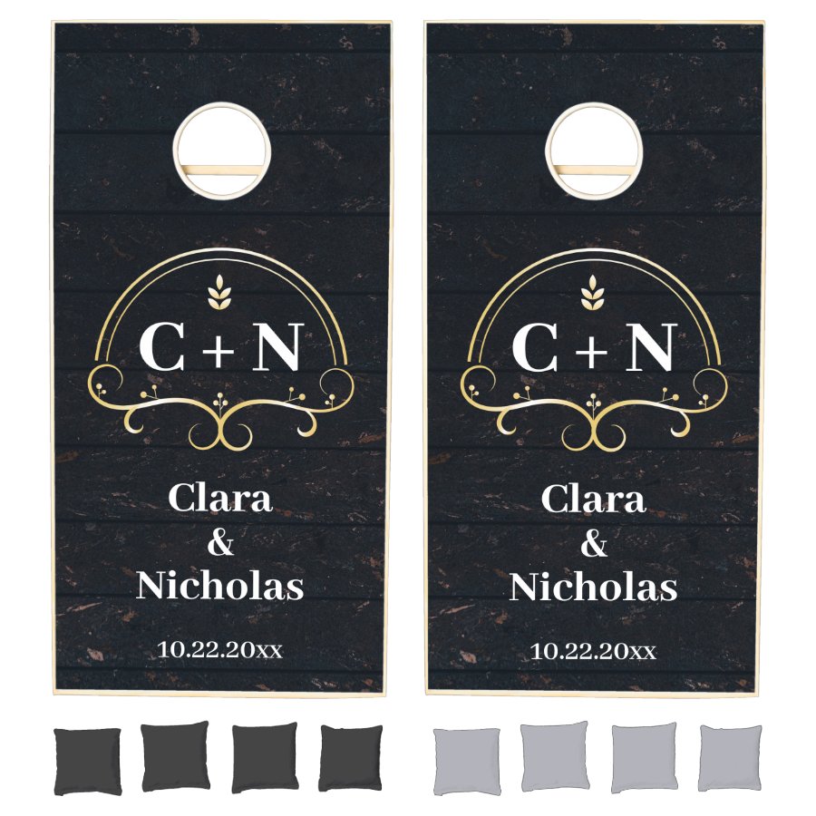Minimalist Boho Wedding Monogram Dark Wood Cornhole Set