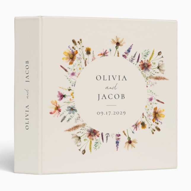 Minimalist Boho Wildflower Floral Wedding 3 Ring Binder (Front/Spine)