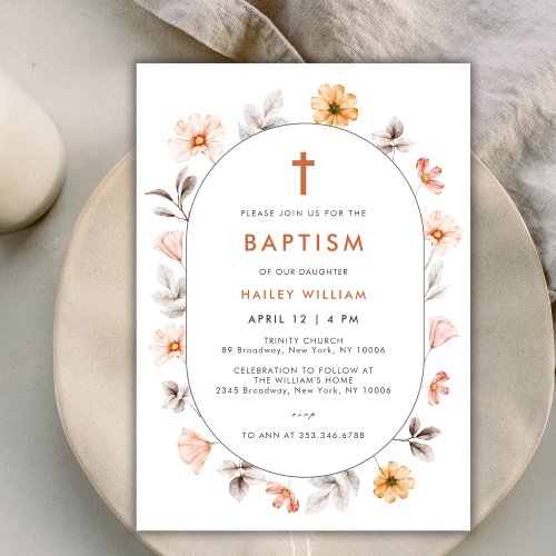 Minimalist Boho Wildflower Frame Cross Baptism Invitation