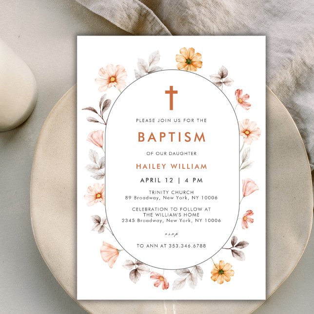 Minimalist Boho Wildflower Frame Cross Baptism Invitation (Minimalist Boho Wildflower Frame Cross Baptism Invitation)