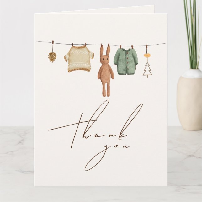 Minimalist Boho Winter Boy Clothes Baby Shower Thank You Card (Front)