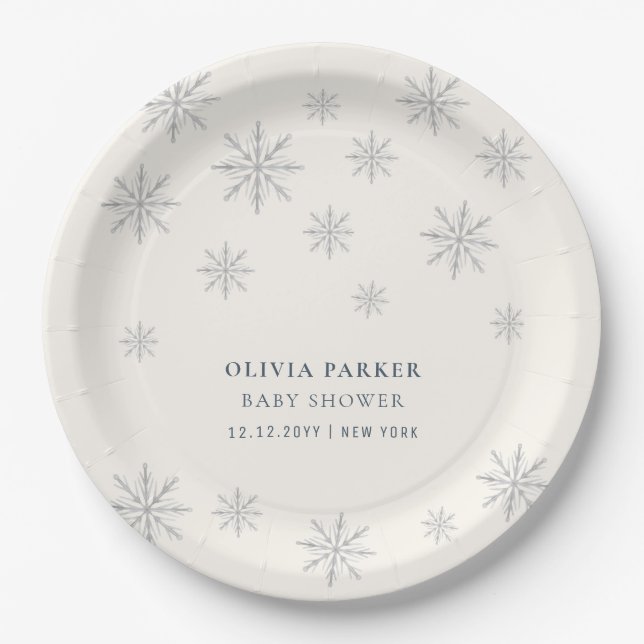 Minimalist Boho Winter Snowflake Baby Shower Paper Plates (Front)