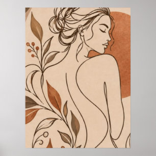 Minimalist Boho Woman Line Art and Terracotta Sun  Poster