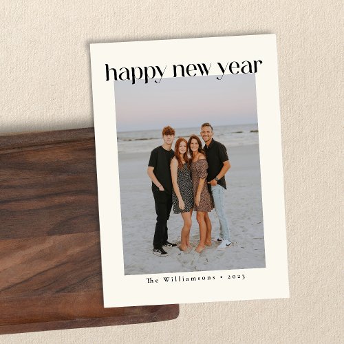 Minimalist Bold Black Happy New Year Custom Photo Holiday Card